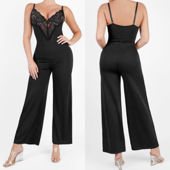 Popilush Shapewear Lace Deep V-Neck Sculpting Wide Leg Black Jumpsuit size XXL - Picture 1 of 6